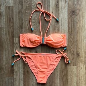 H&M neon orange two piece swim suit with turquoise bead detail